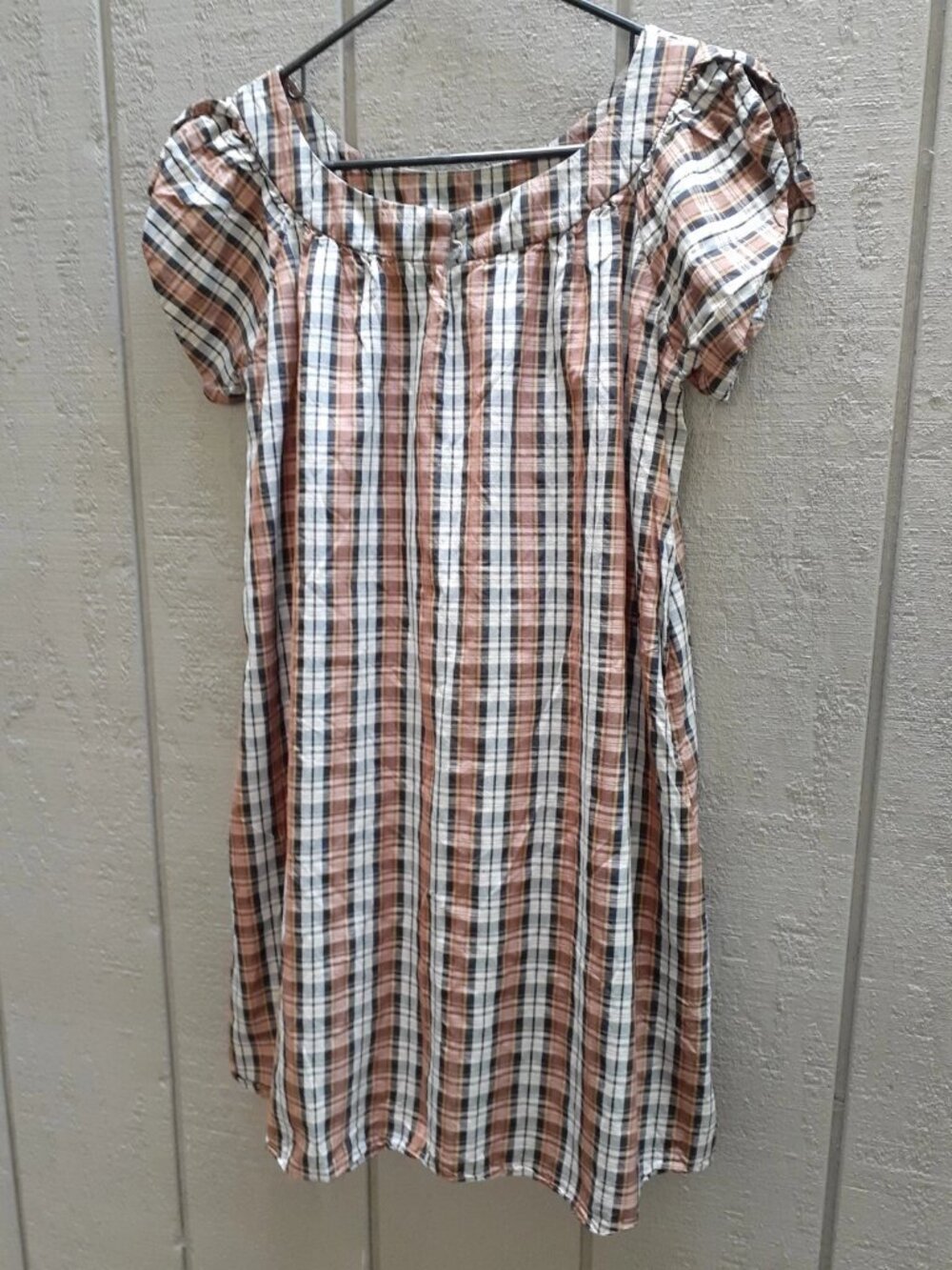 Steven Alan Dress L Plaid Brown Earth Tones Pockets Lined Silk Made USA FLAW